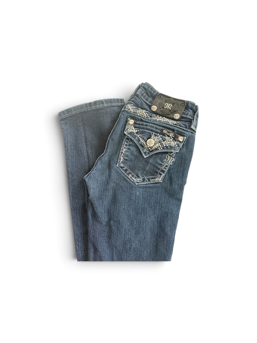Miss Me Dark Wash Blue Boot-Cut Jeans with Embellished Pockets